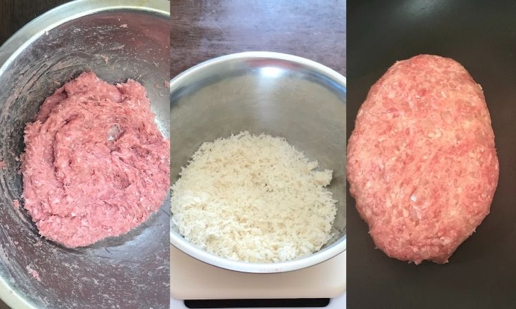 おいしく作る3つのポイント画像。左がよくこねた肉、真ん中が生パン粉、右が冷たいフライパンにのせた成形した肉