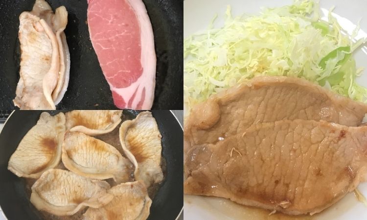 左はフライパンで豚肉を焼いている画像。右はできた豚の生姜焼き。